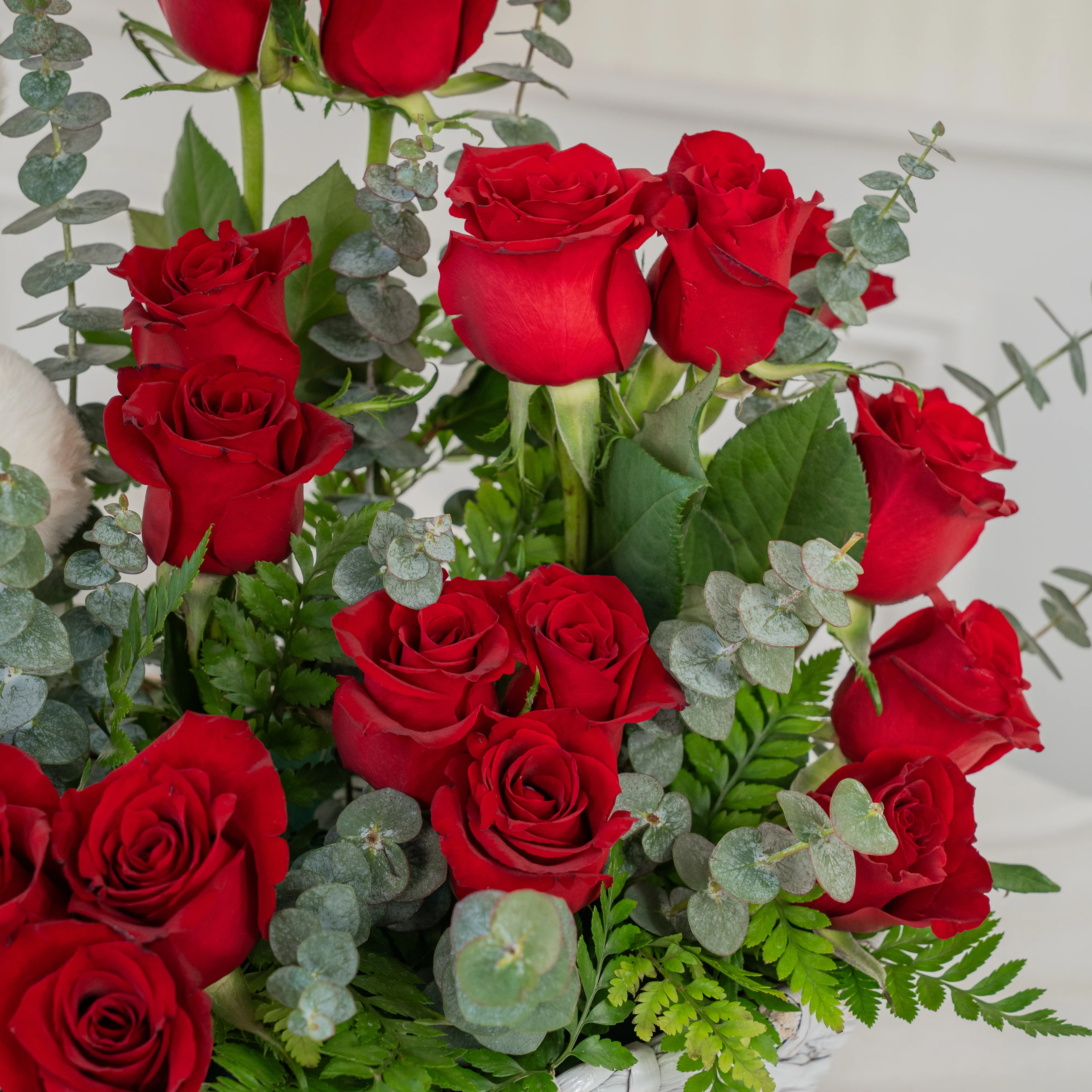 Basket arrangement of 20 red roses and small white teddy bear with eucalyptus leaf and green fillers.