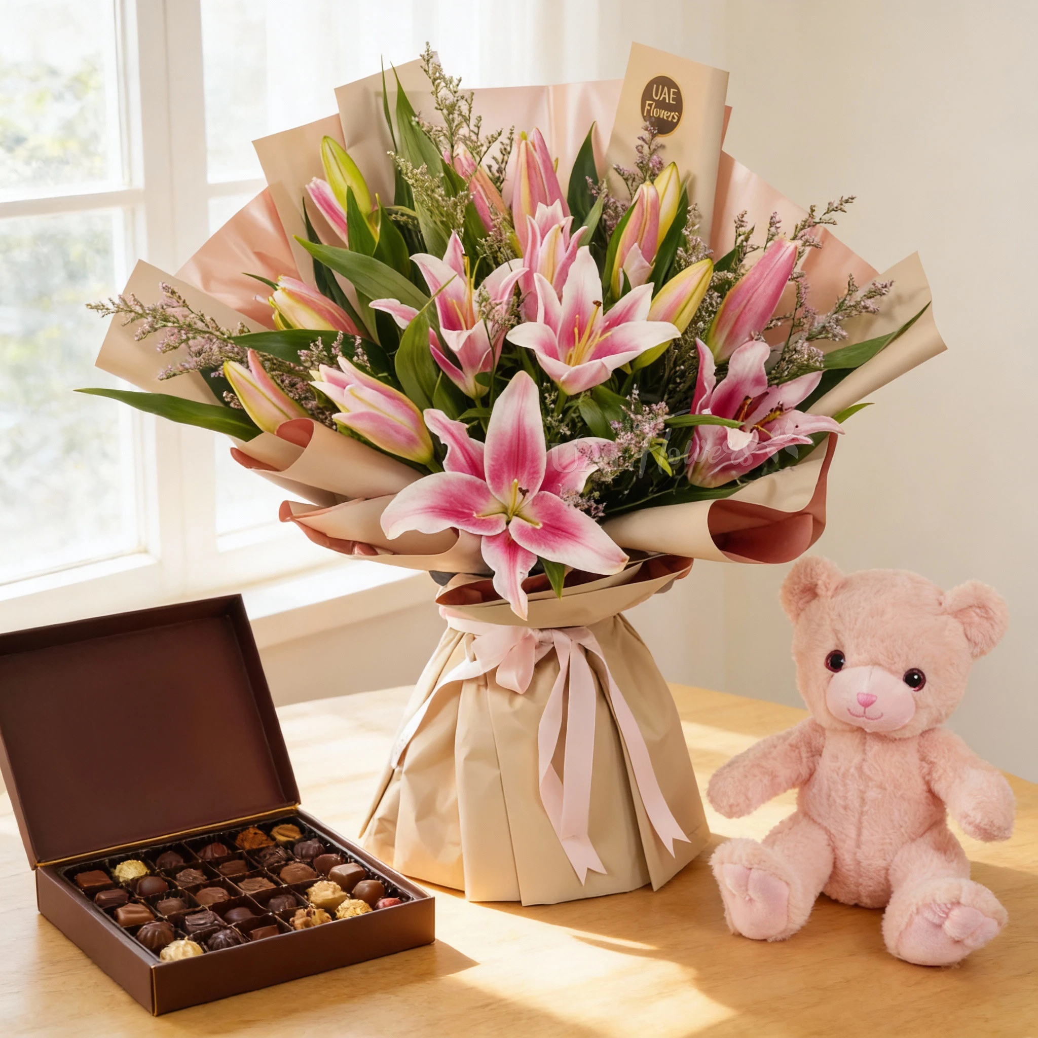 Bouquet of 5 pink lilies with green fillers in nice wrapping, small pink teddy bear and 25 Pcs Pistache Signature Temptation Chocolate Box.