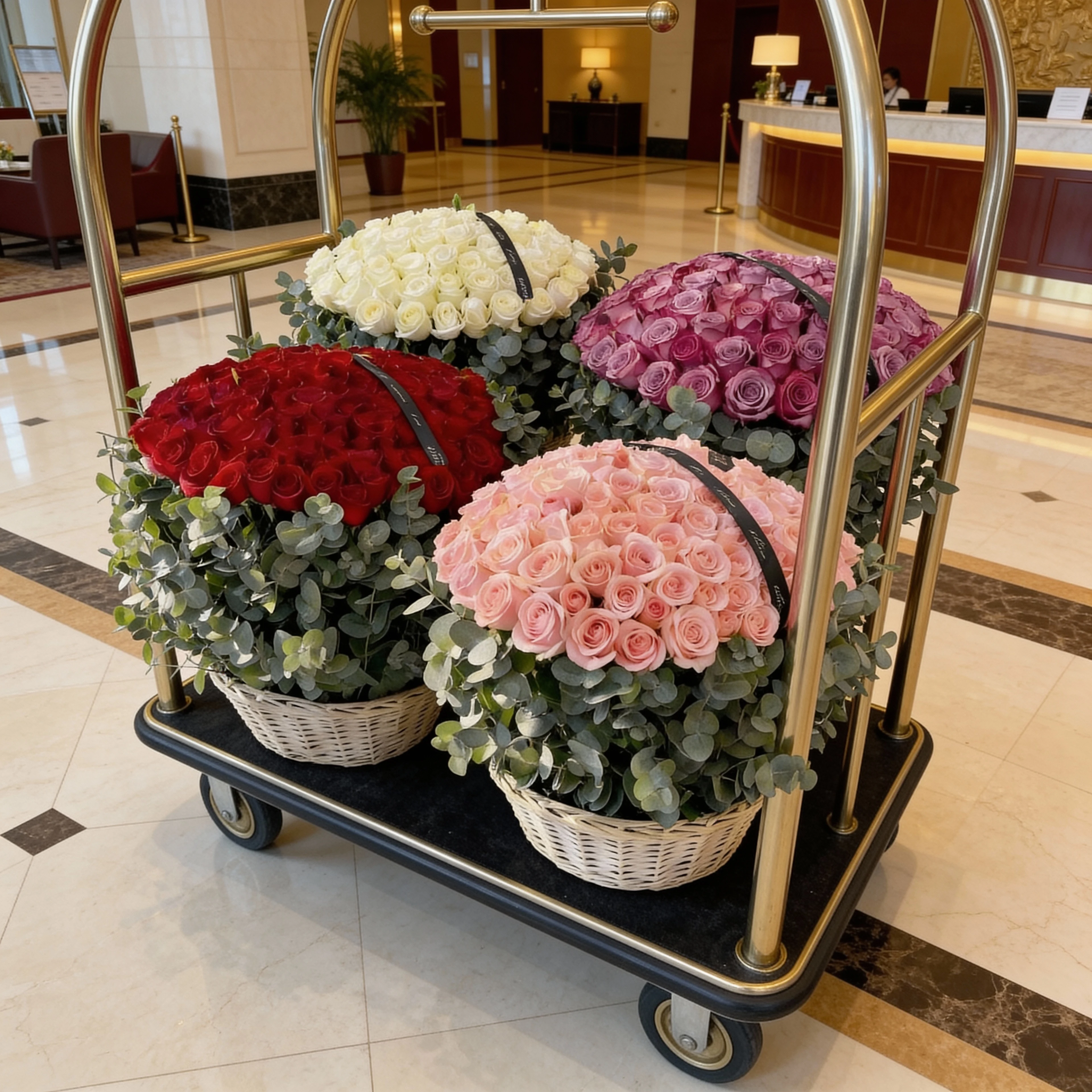 Four separate arrangements of 150 red roses, 150 white roses, 150 pink roses and 150 purple roses each beautifully arranged with eucalyptus leaves in a basket.
