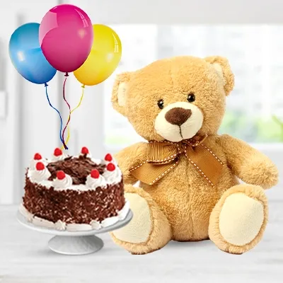 12-inch teddy bear, 1 kg black forest cake & 3 latex balloons