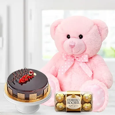 12-inch pink teddy with 16 Pcs Ferrero Rocher and a 1 Kg chocolate cake.