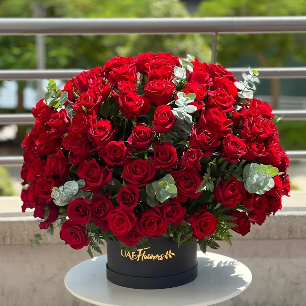 100 red roses box arrangement with eucalyptus in a black box