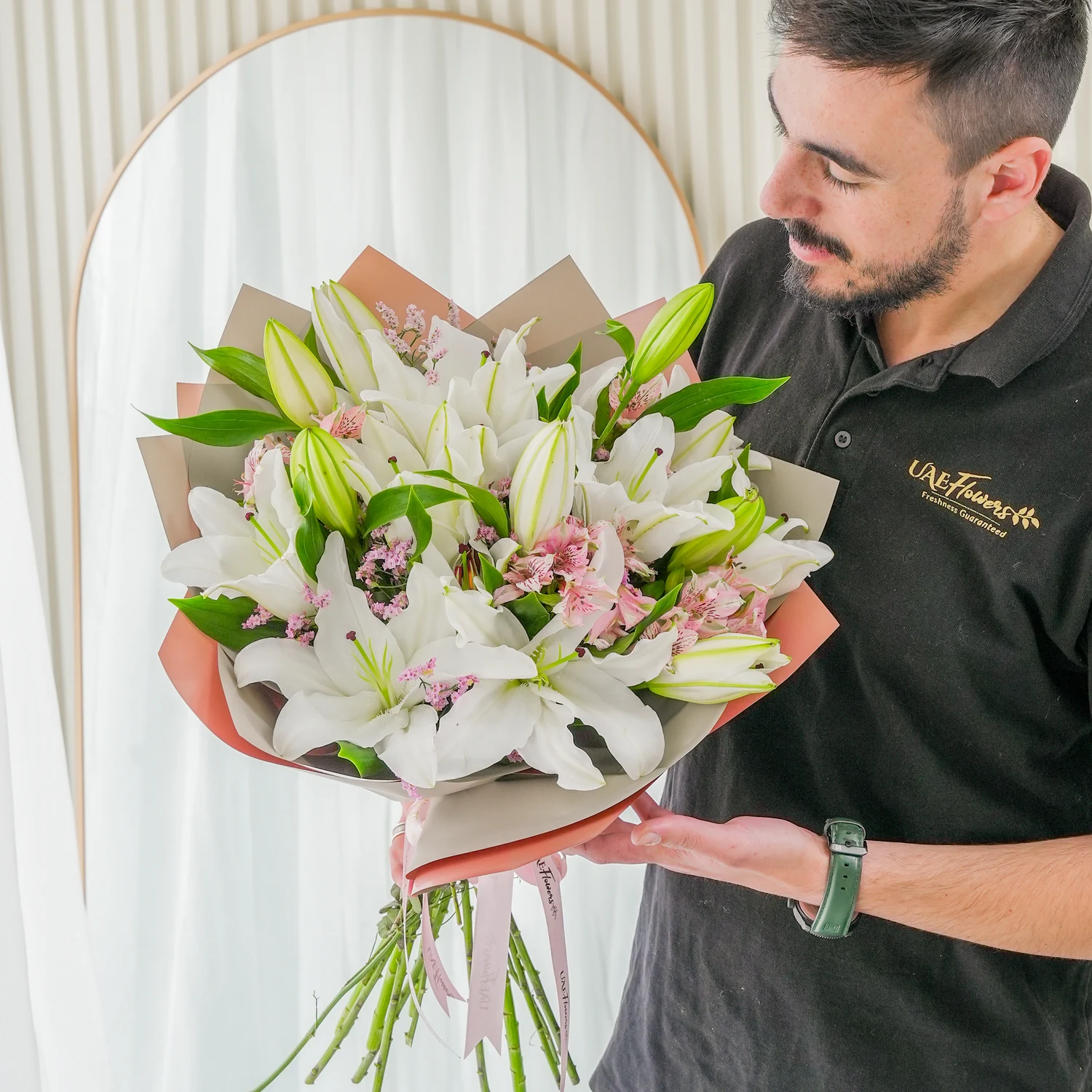 white lilies and white alstroemeria