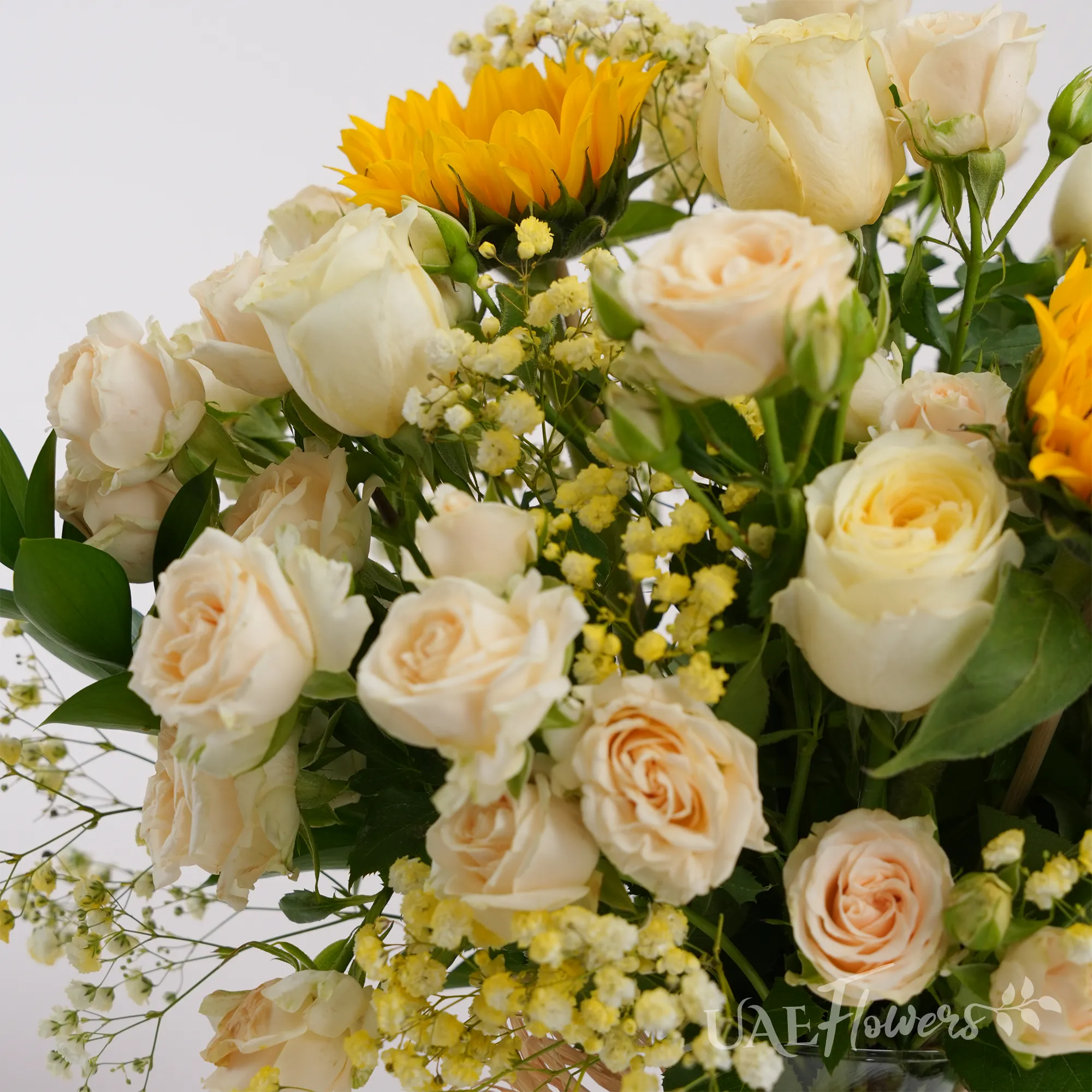 10 peach roses, 6 peach spray roses, 2 sunflowers