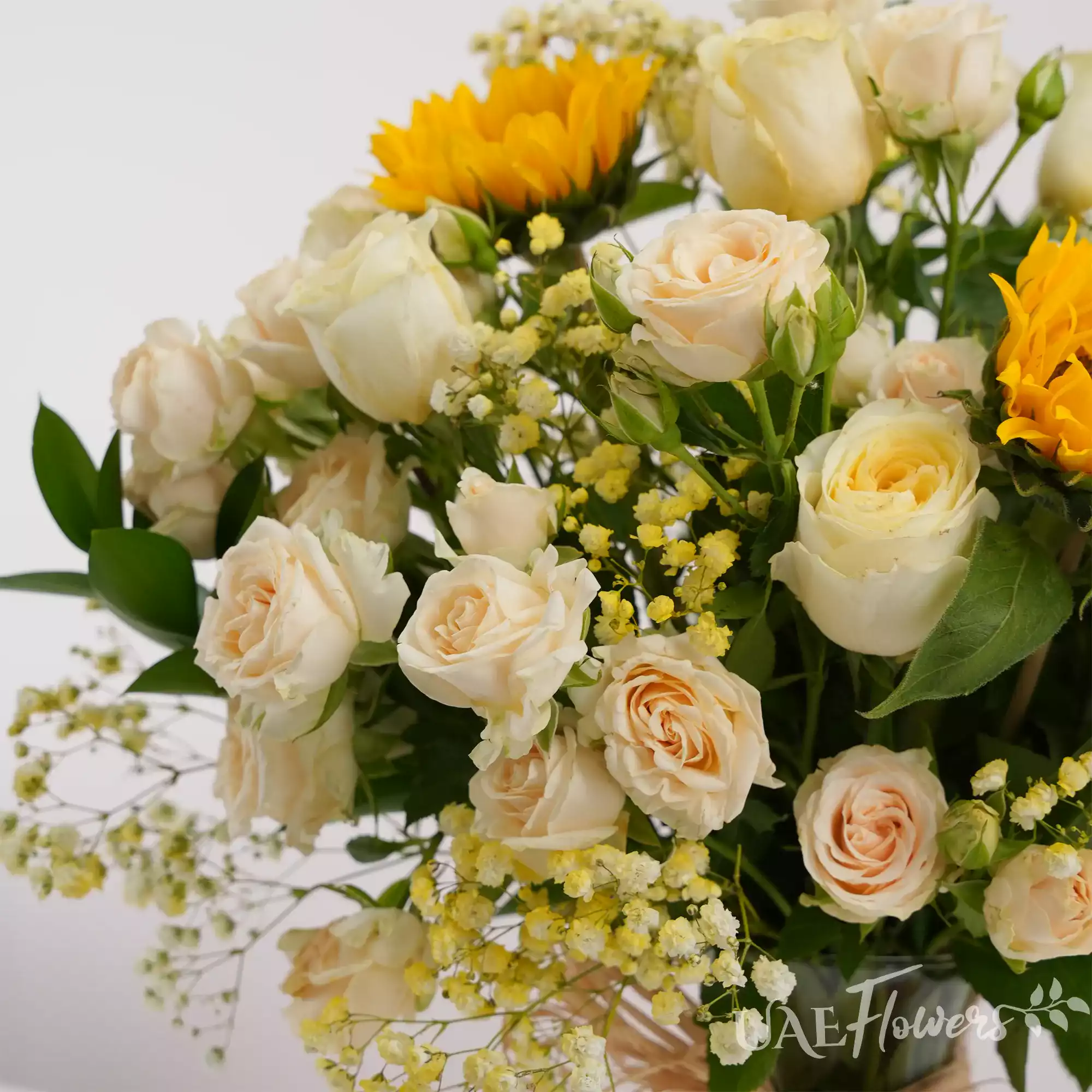 10 peach roses, 6 peach spray roses, 2 sunflowers