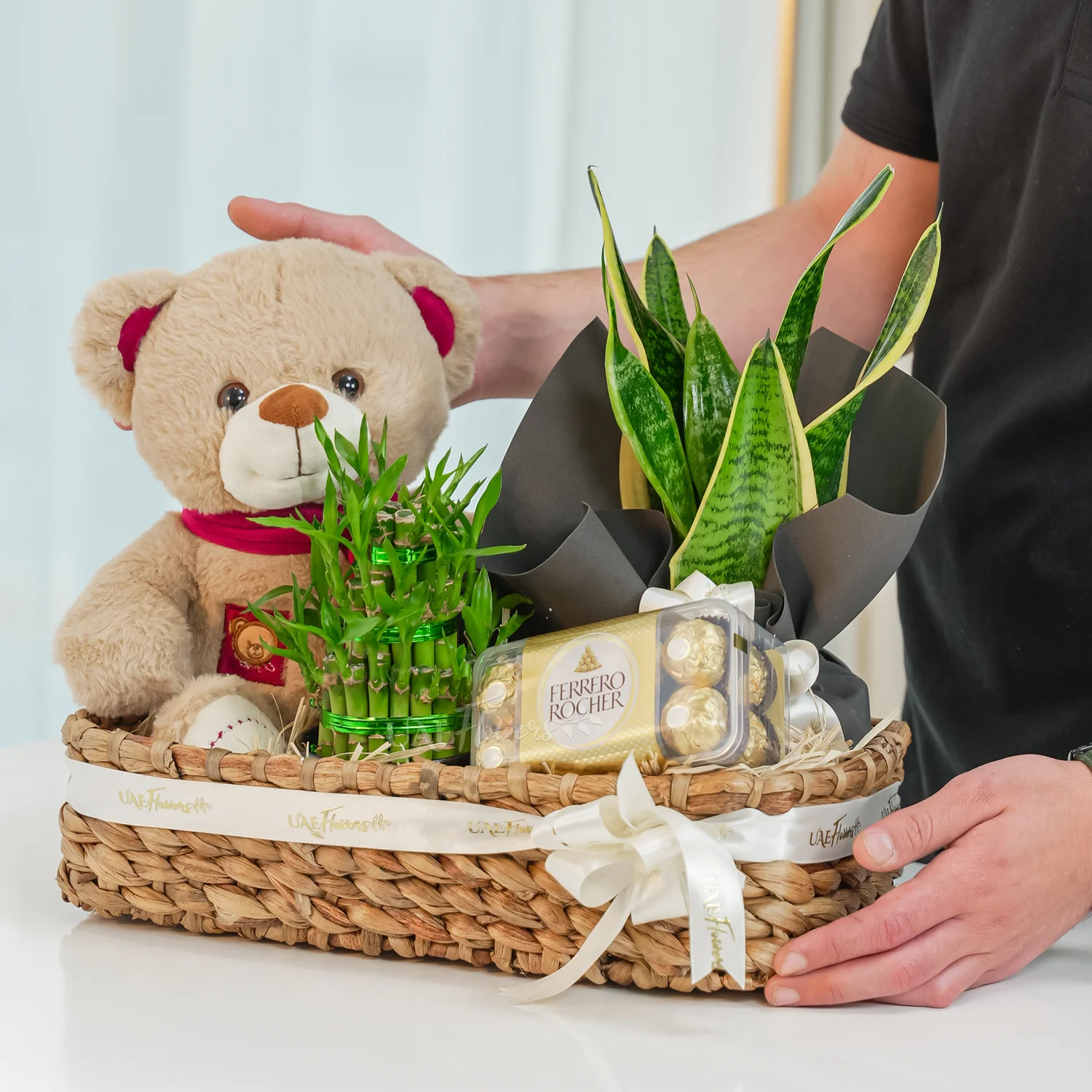 Green Bliss Basket with lucky bamboo, snake plant, chocolates, and teddy bear