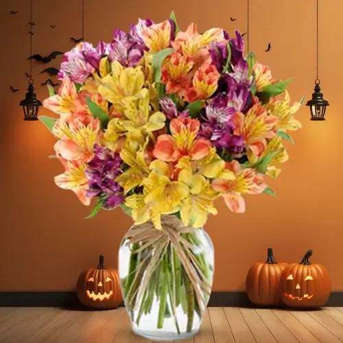 20 orange, 10 yellow, & 20 purple alstroemerias in a vase