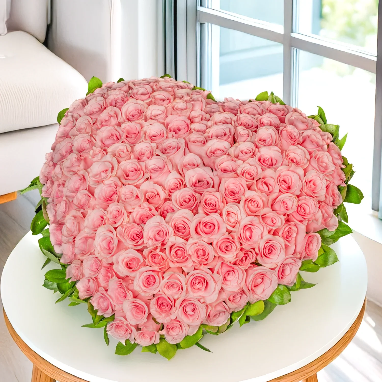 heart-shaped flower arrangement featuring 120 fresh pink roses