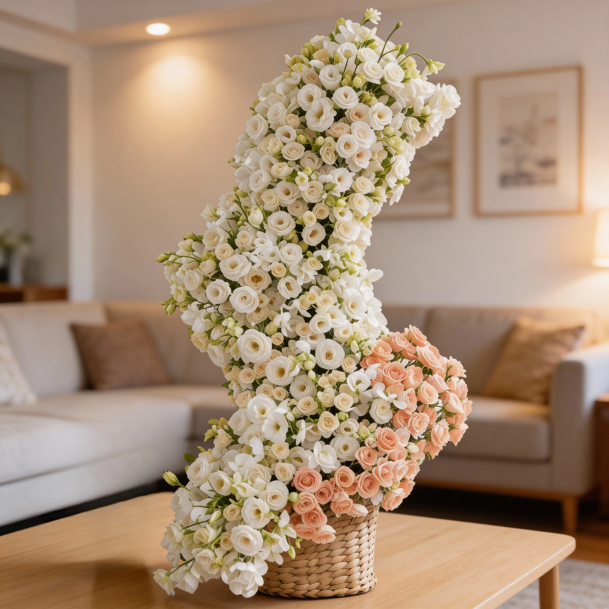 30 white lisianthus, 40 white spray roses, 10 white orchids and 10 pink spray roses arranged in a basket.