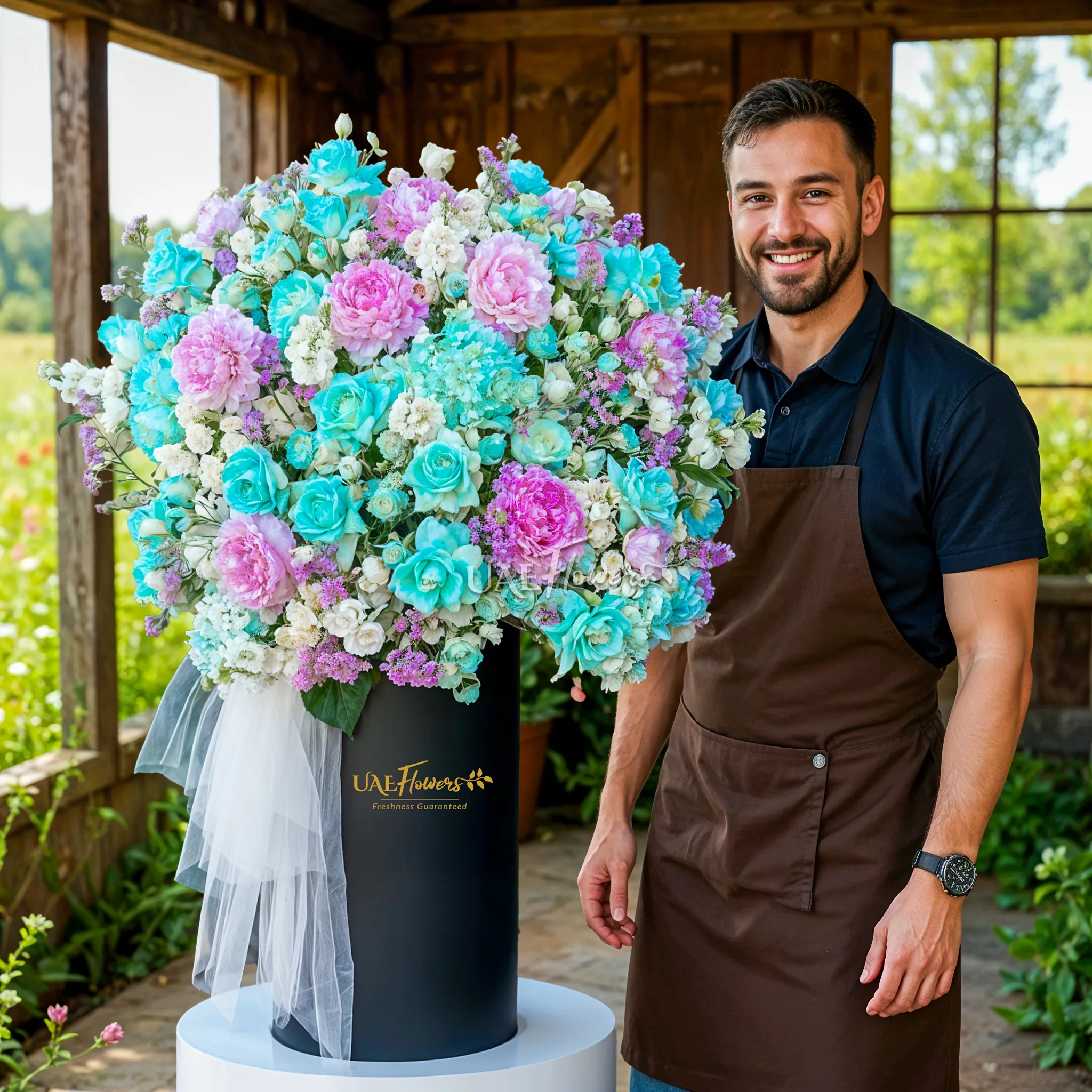 An arrangement of pink peonies, blue hydrangeas, blue color roses, white matthiola and white and blue spray roses with green fillers and white net in a tall round box.