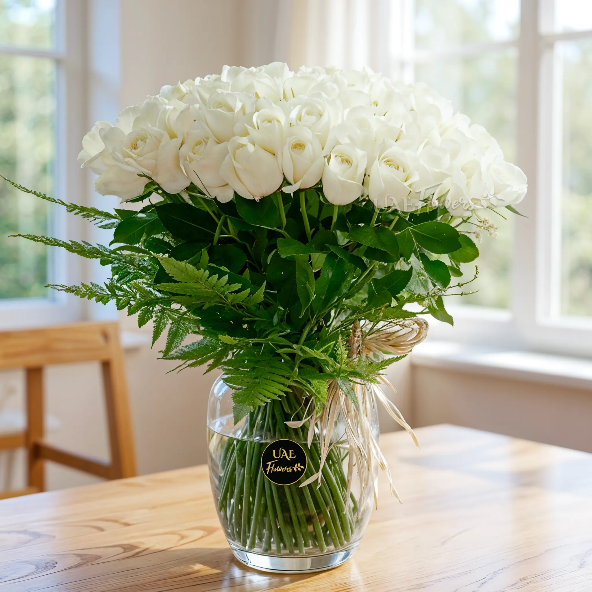 vase arrangement featuring 100 white roses with green fillers