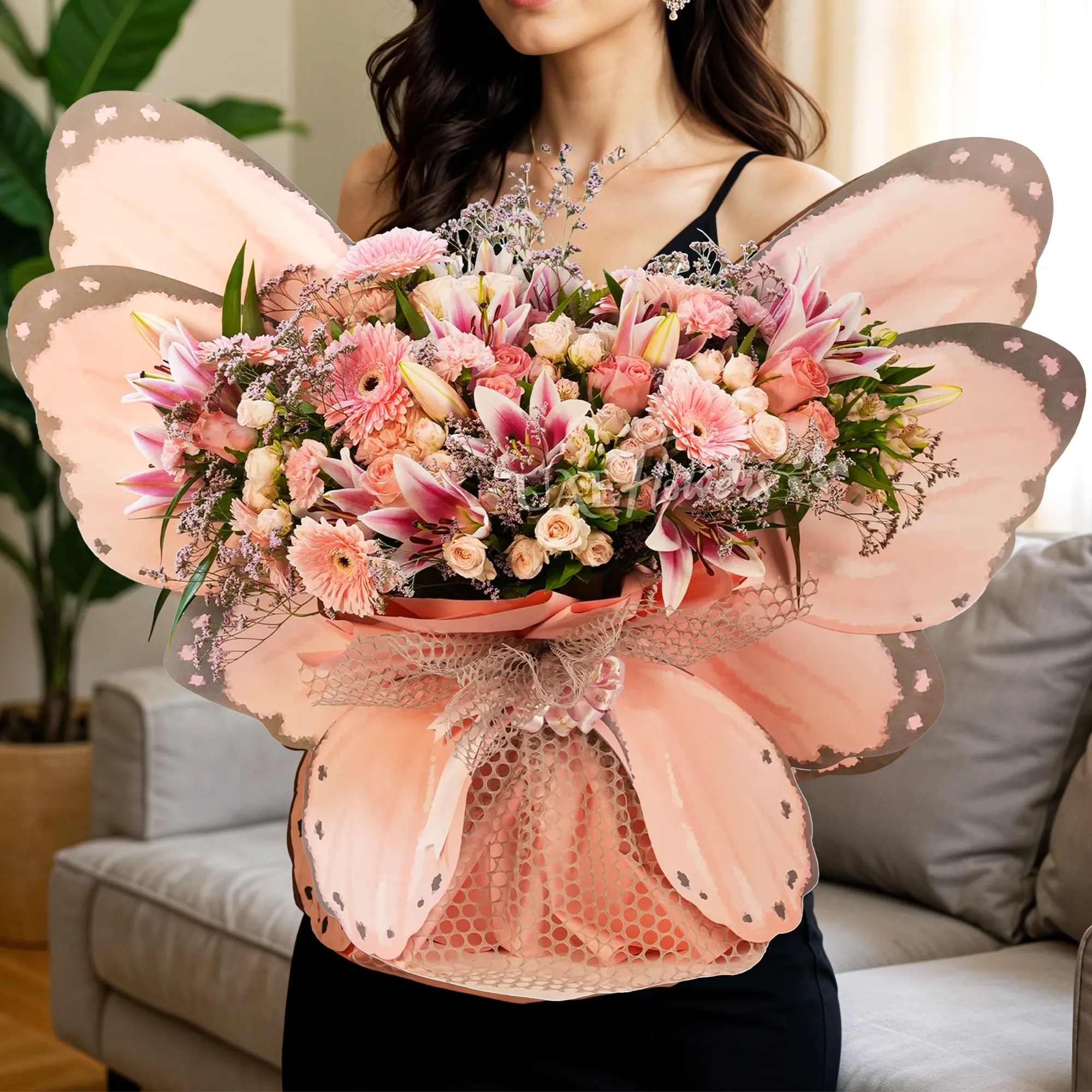 Butterfly-shaped bouquet with 6 lilies, 6 gerberas, 6 alstroemeria, 10 roses