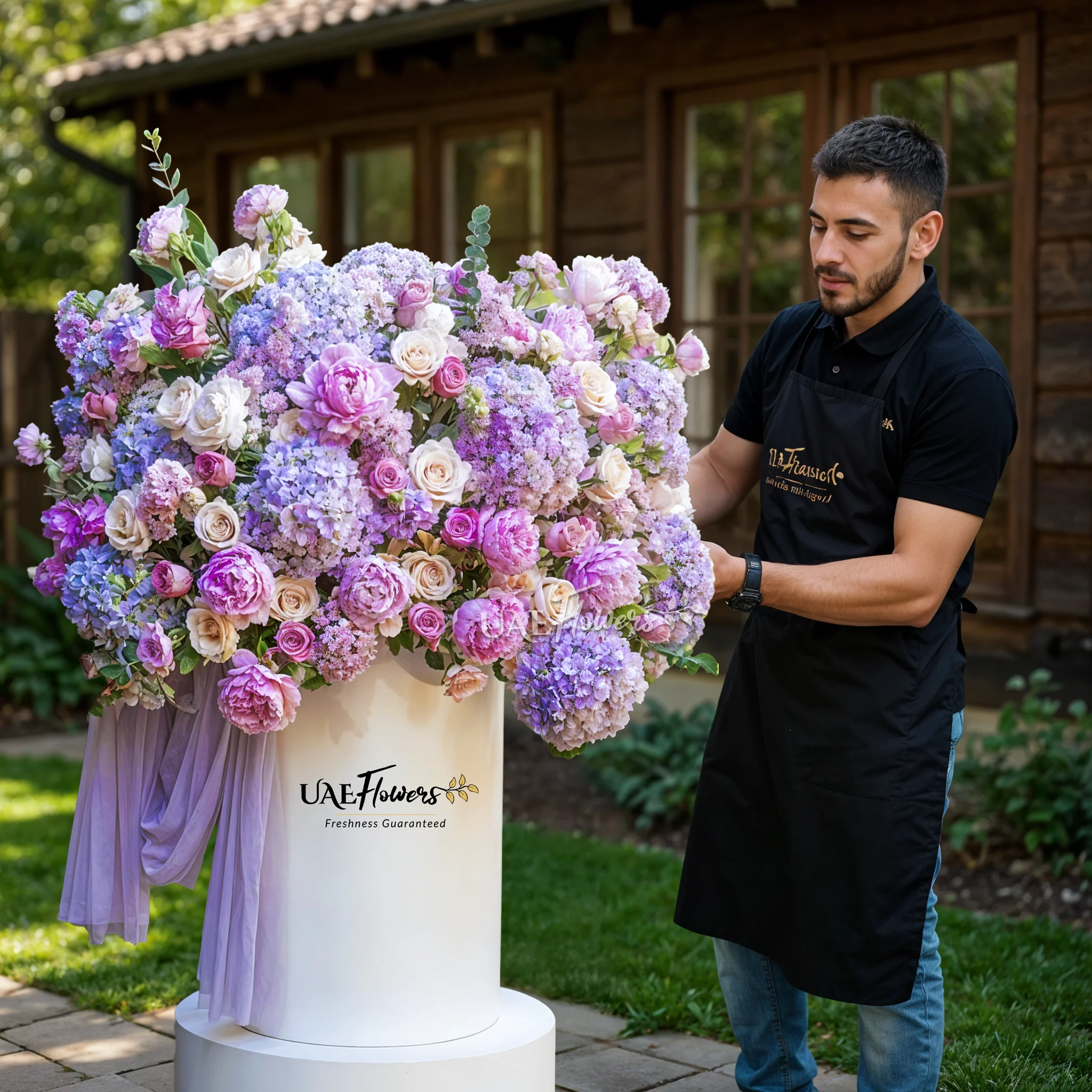 An arrangement of blue hydrangeas, pink peonies, purple roses, purple lisianthus, peach roses and purple chrysanthemums with green fillers and blue net in a tall round box.
