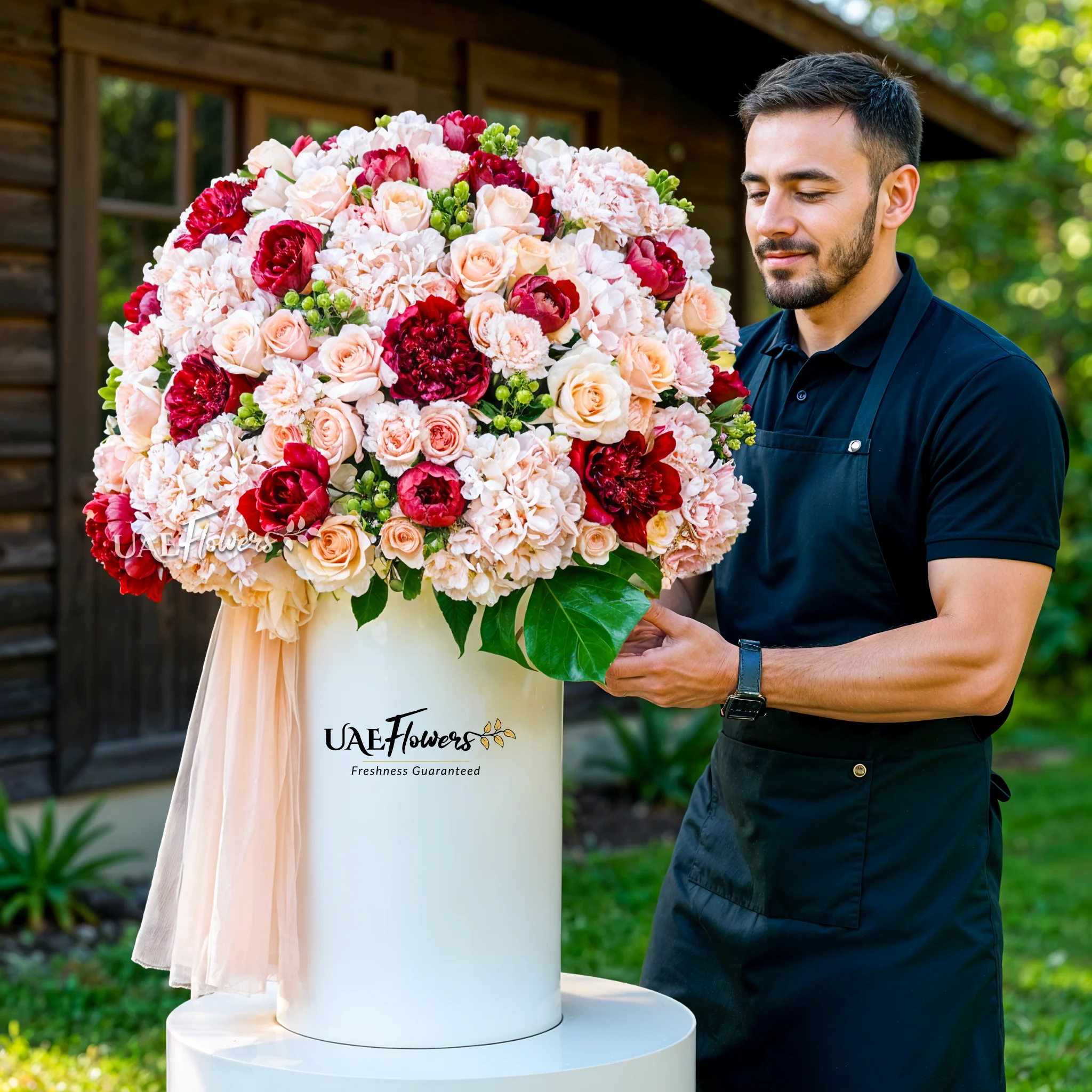 Tall round box with 20 pink hydrangeas, 20 red roses, 40 peach roses, 40 light pink carnations, and green hypericums.