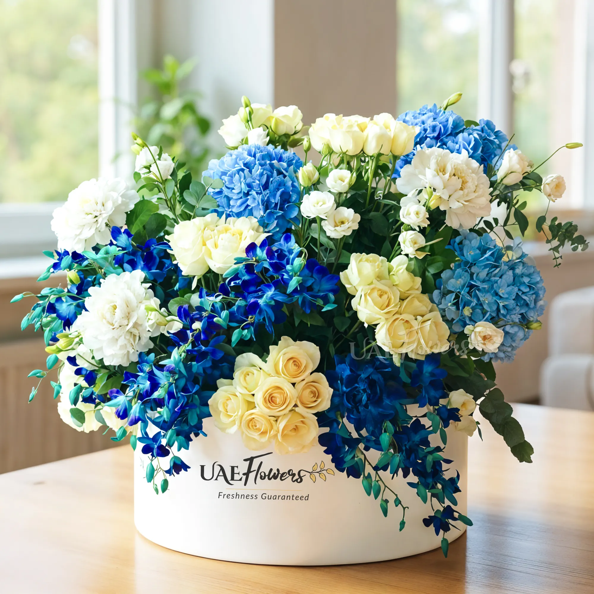 4 blue and 4 white hydrangeas, 30 orchids, 50 roses, and 10 lisianthus.
