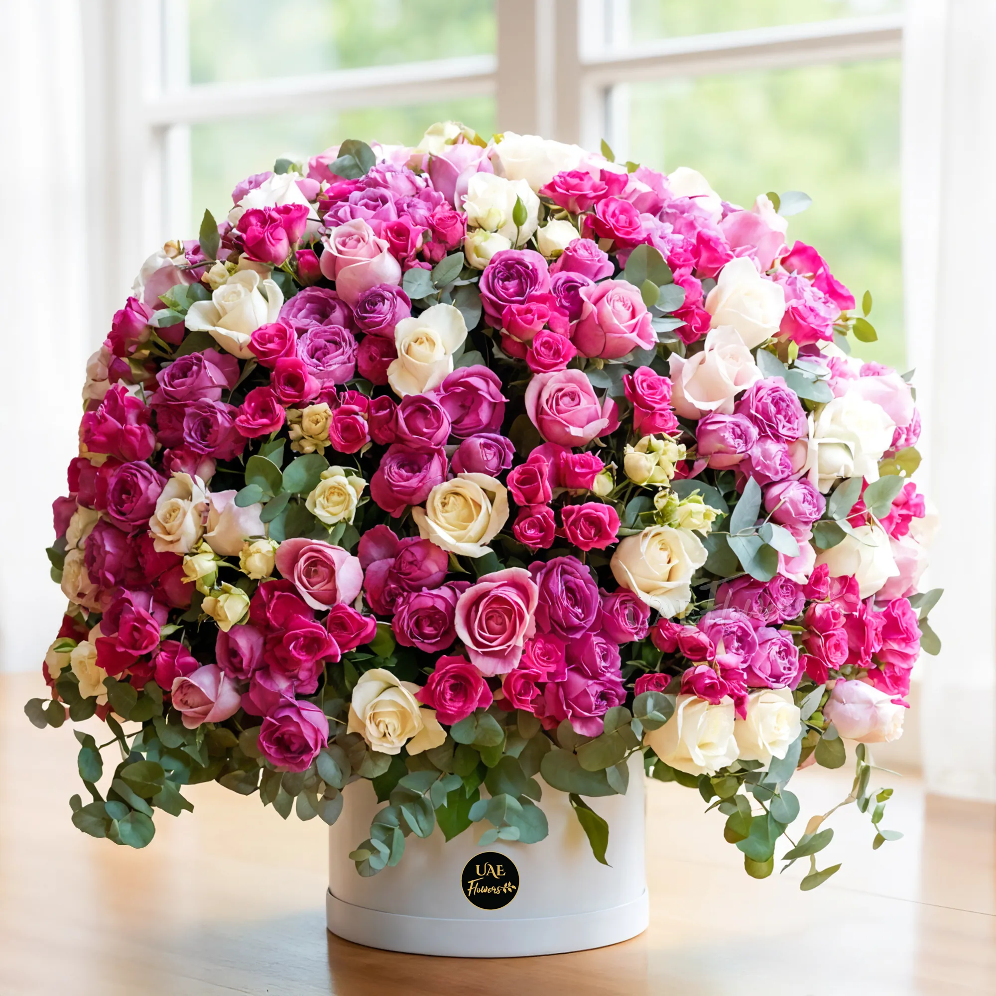 Half round arrangement of 20 white roses, 40 pink roses, 40 purple roses, 20 pink spray roses, with green fillers, and eucalyptus leaf in a white round box
