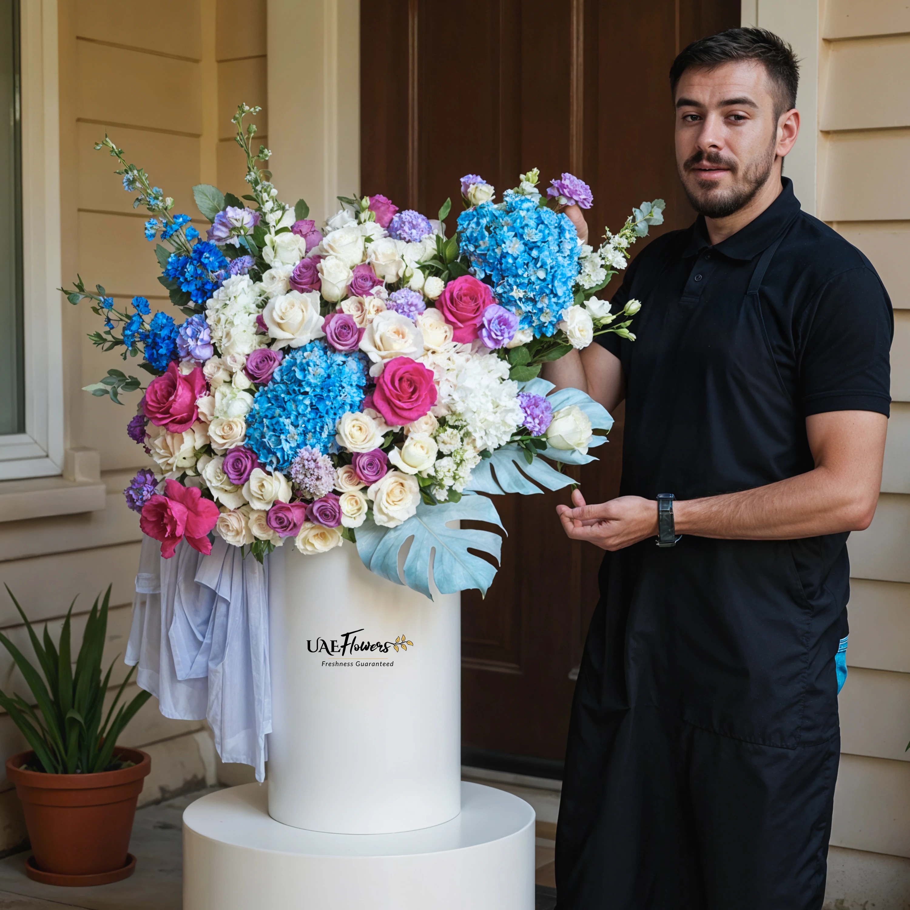 An arrangement of blue hydrangeas, white hydrangeas, purple roses, white roses, purple lisianthus, white spray roses, blue delphinium, fushia roses with green fillers and blue net in a tall round box.