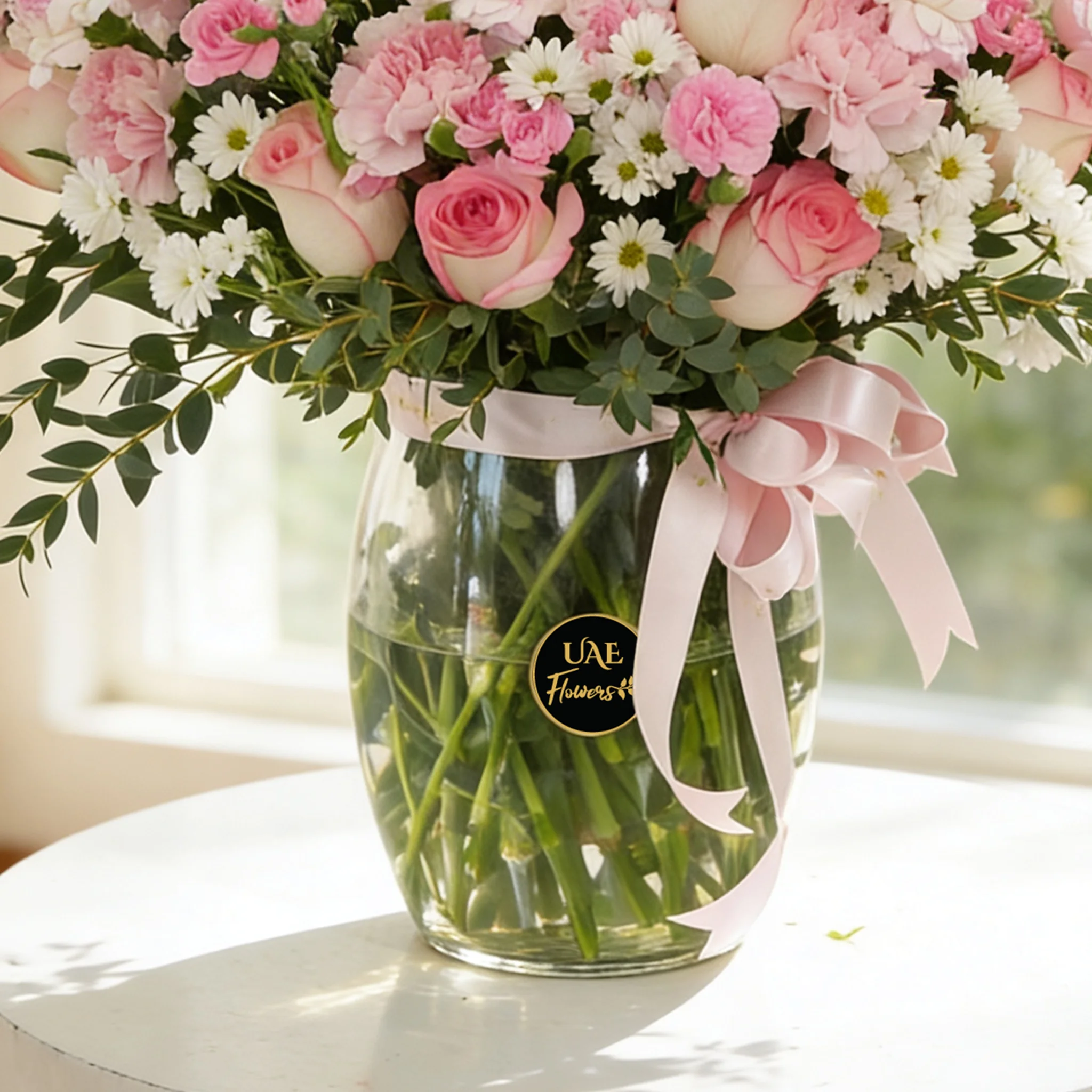 15 pink carnations, 15 pink roses, 10 pink spray carnations and 5 white chrysanthemums with green fillers in glass vase.