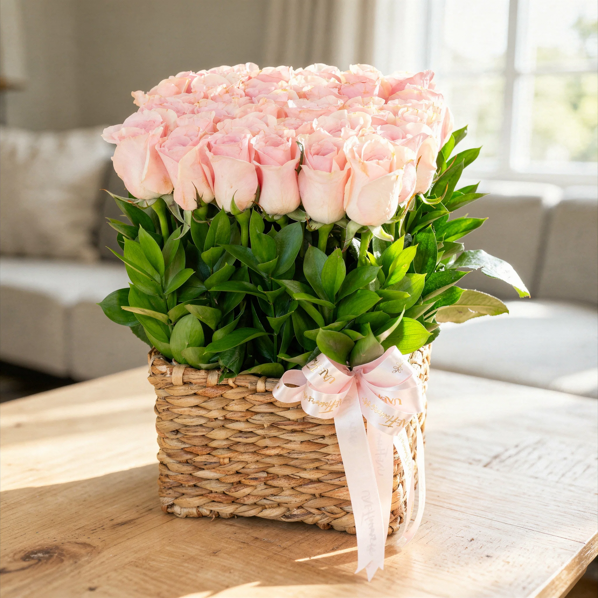 36 pink roses with green fillers in a basket.