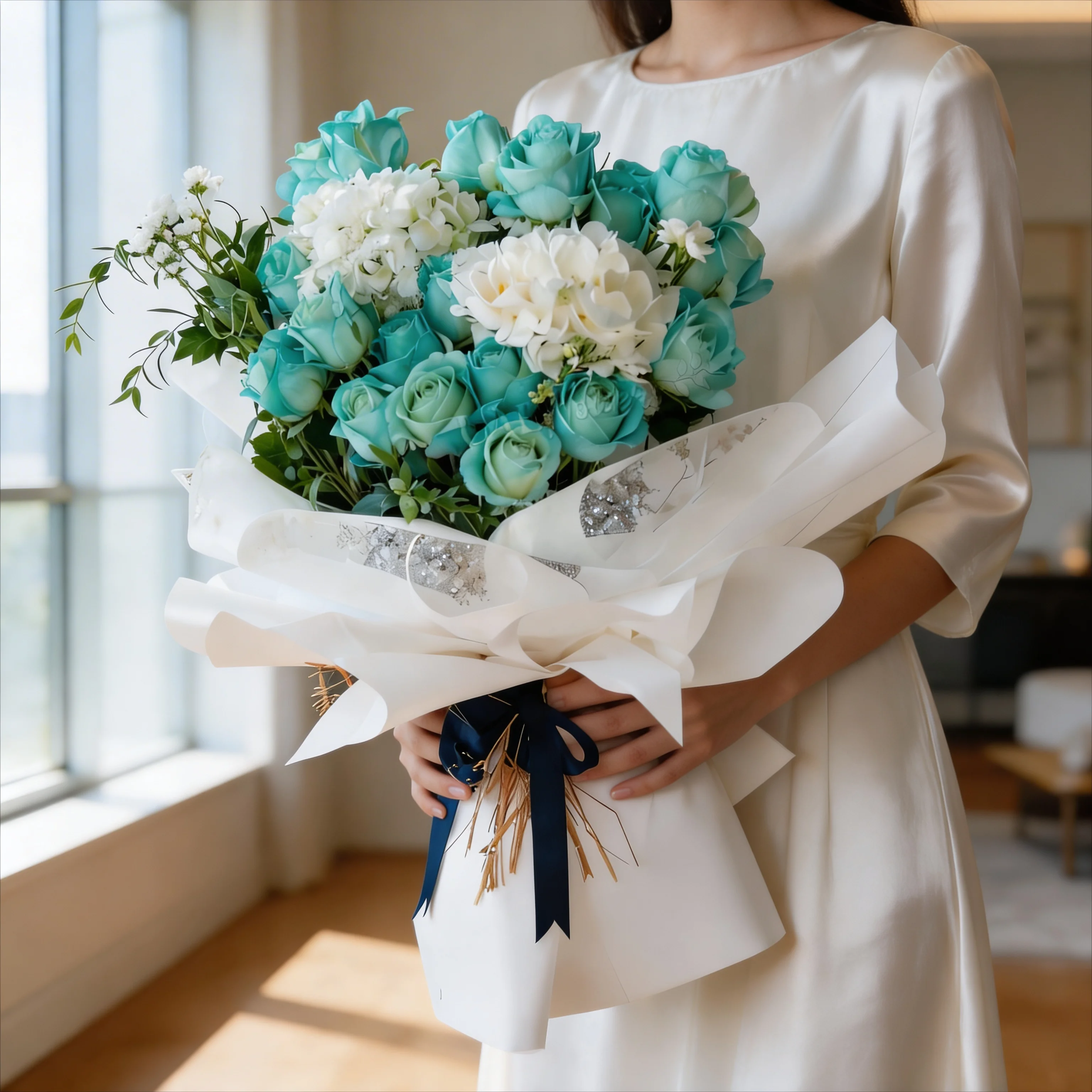A bouquet of 5 white hydrangeas, 15 blue roses with baby's breath sprayed in blue color with green fillers in blue wrapping paper tied with blue ribbon A bouquet of 5 white hydrangeas, 15 blue roses with baby's breath sprayed in blue color with green fillers in blue wrapping paper tied with blue ribbon