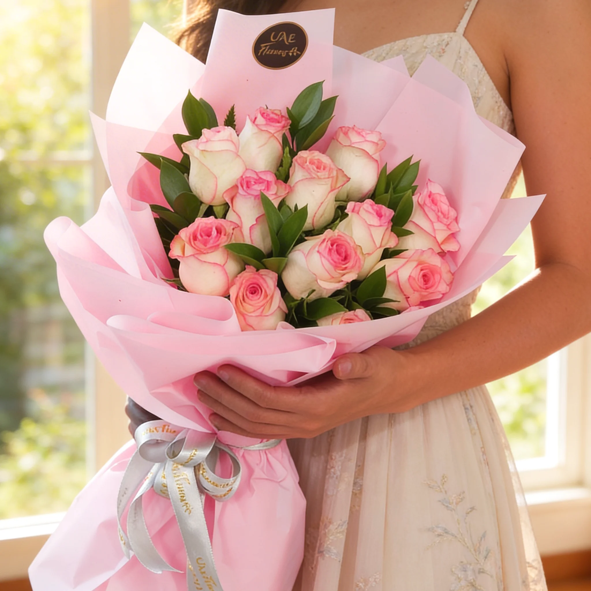 Bouquet of 12 pink roses with green fillers in pink wrapping paper. Bouquet of 12 pink roses with green fillers in pink wrapping paper.