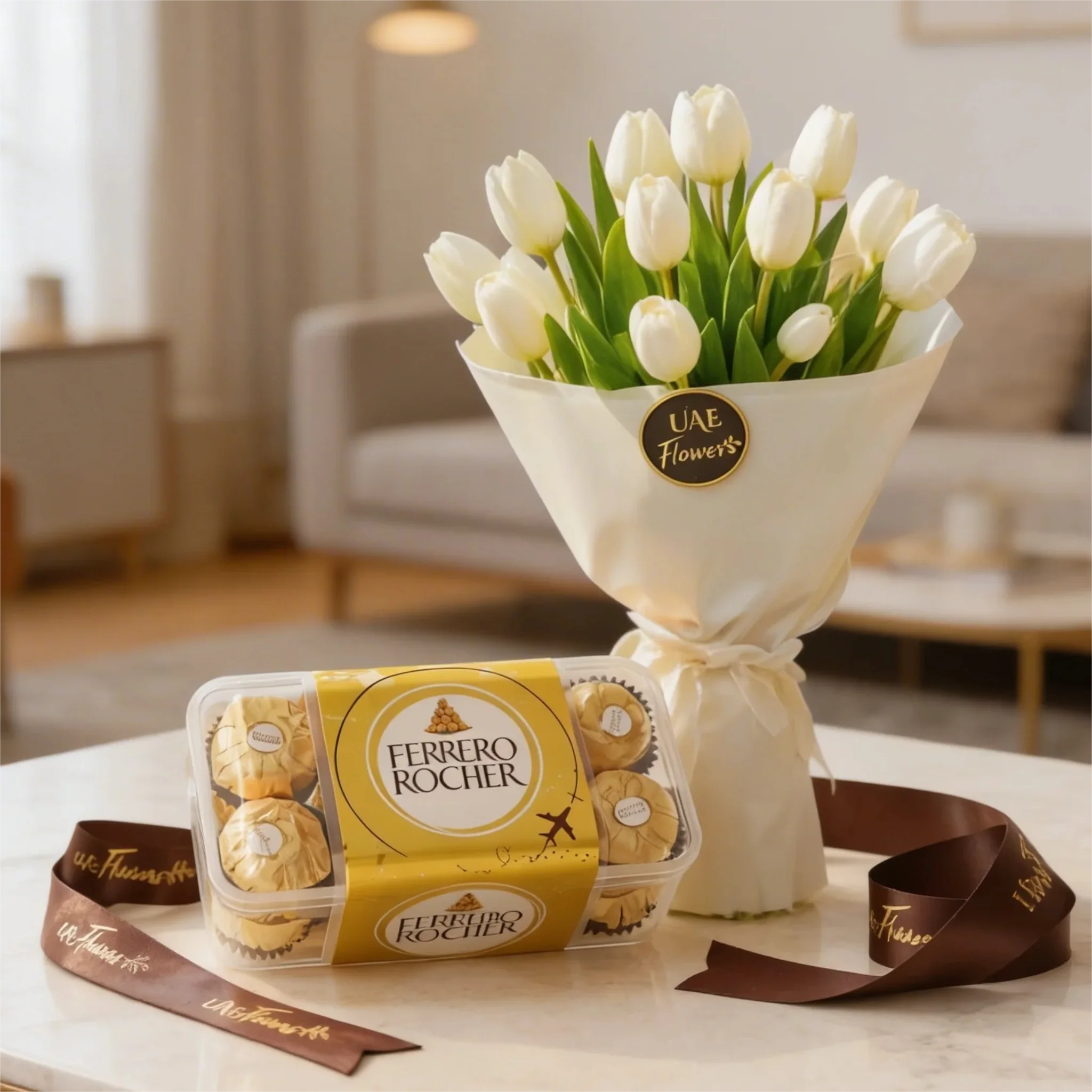 Pure Elegance White Tulips with Ferrero Chocolates