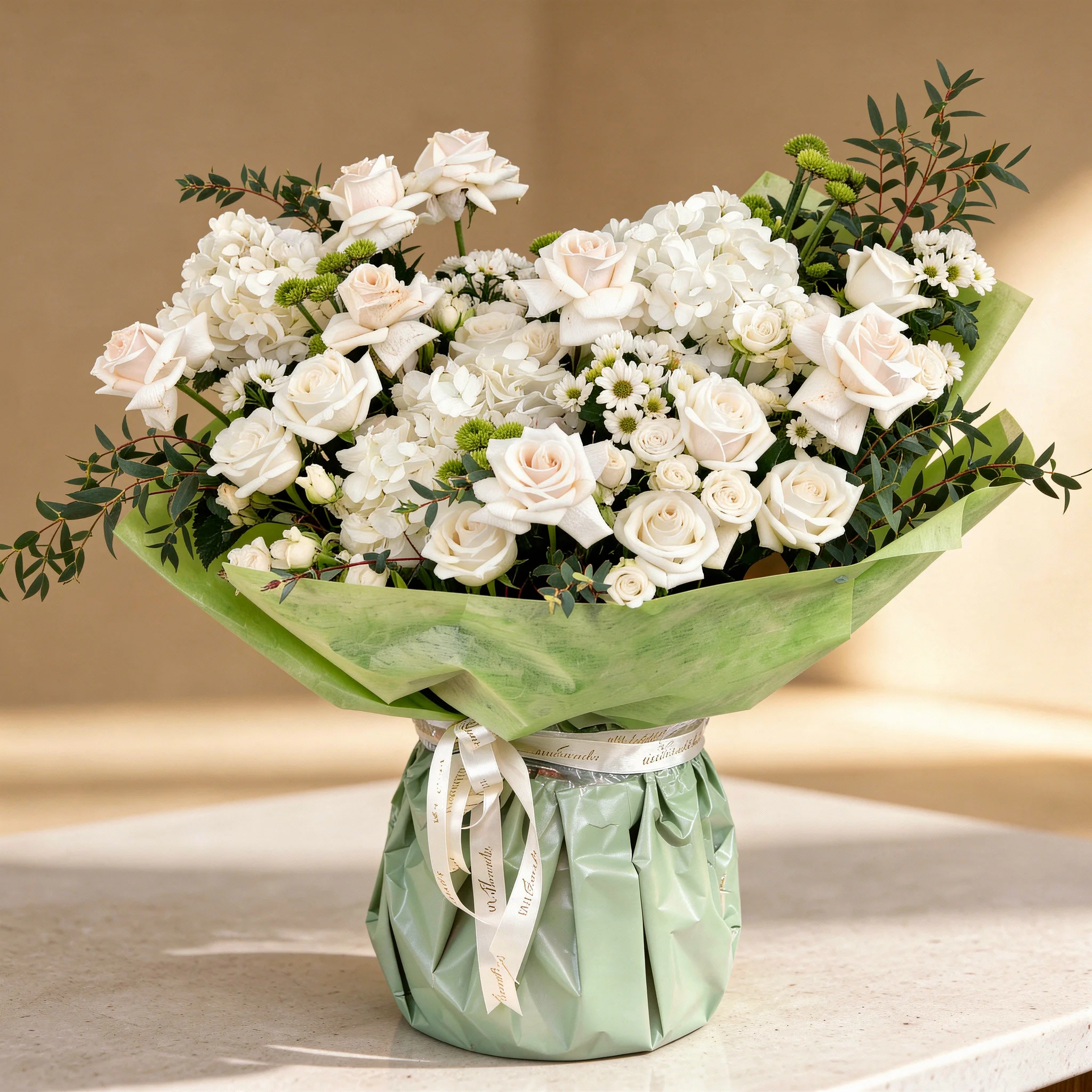 White Meadow bouquet with 16 white roses, 4 green chrysanthemums, and hydrangeas, tied with white ribbon—perfect for celebrations or thoughtful gifting.