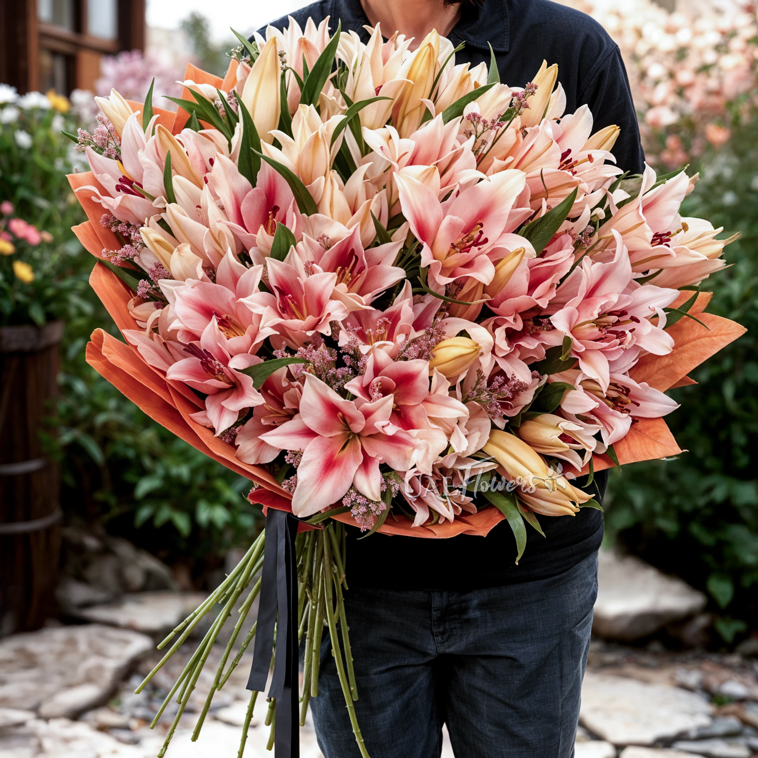 Bouquet of 30 pink lilies elegantly wrapped in premium paper and tied with ribbons – graceful and fragrant floral gift by UAE Flowers.