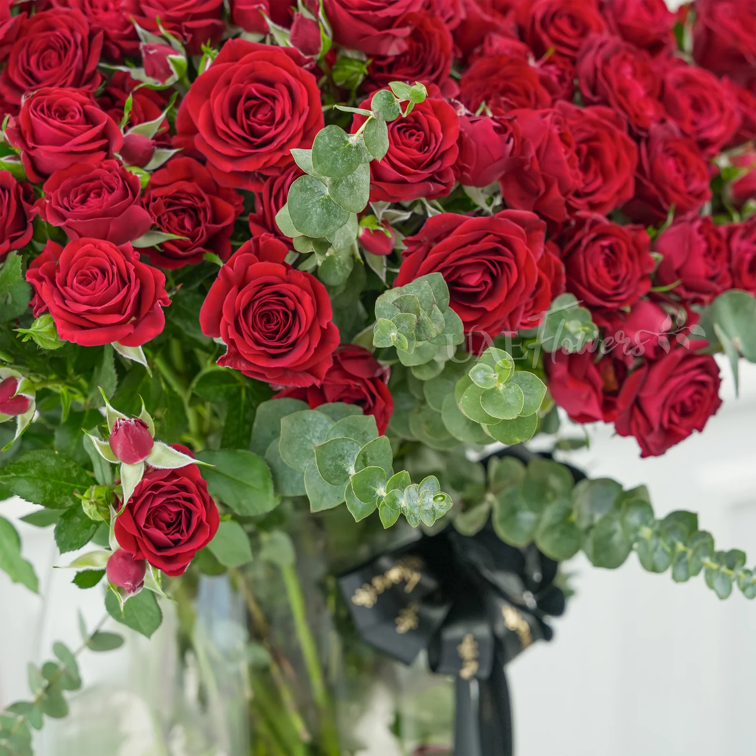 40 red spray roses with eucalyptus in a glass vase.