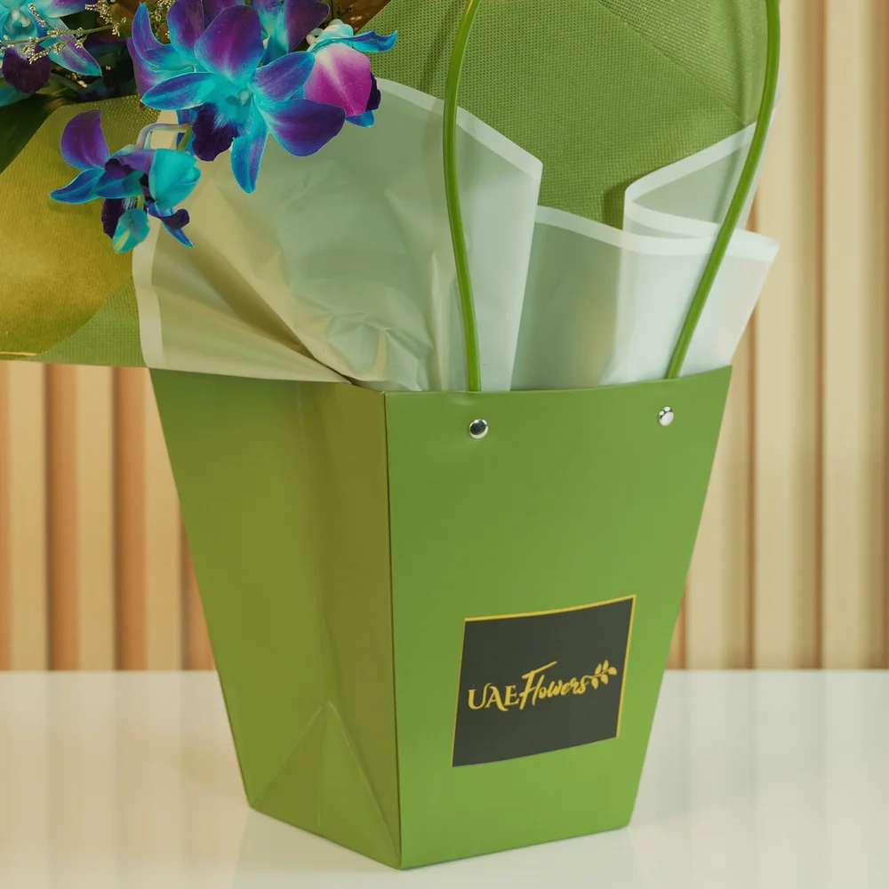 sunflowers, white and blue roses, blue orchids, white chrysanthemums