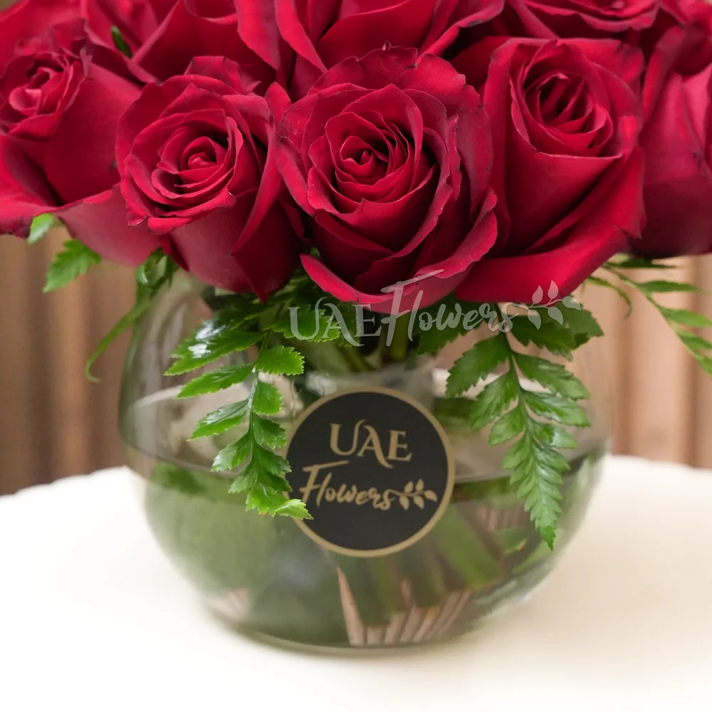 vase of 15 red roses paired with green fillers