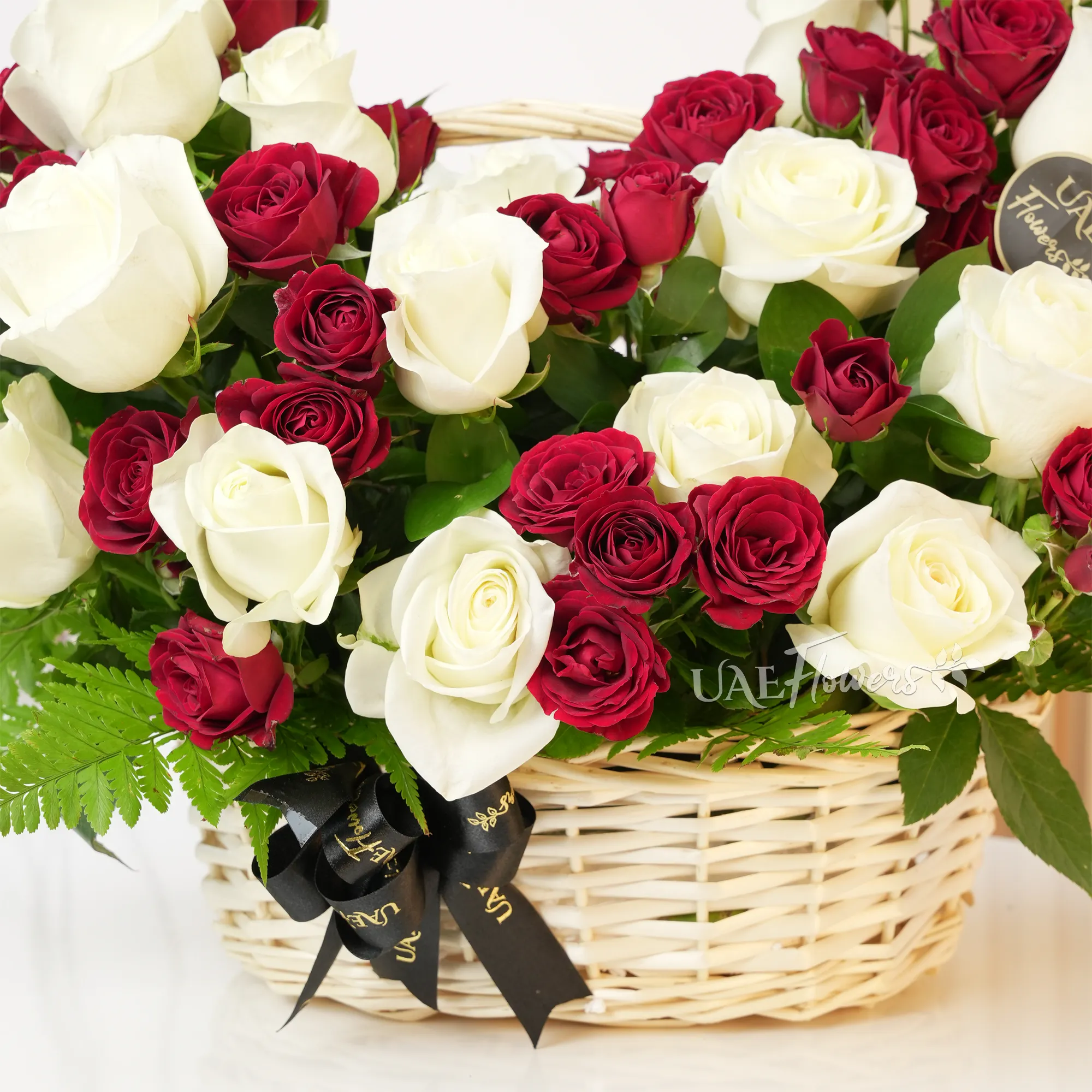 White Roses & Red Spray Roses Basket